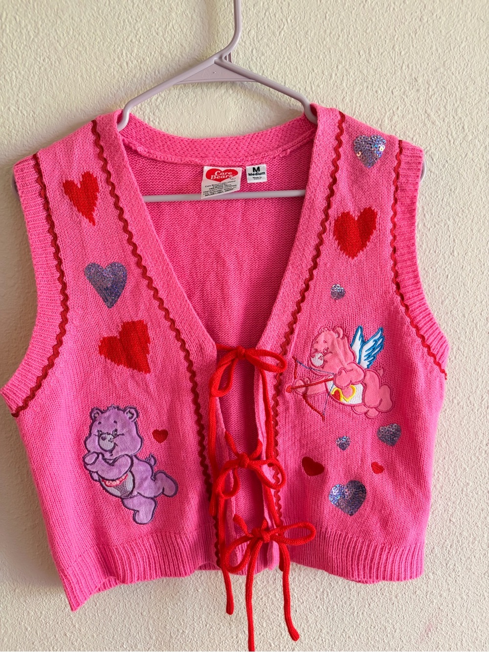 Care Bears Pink Knit Heart Tie-Front Vest with Red Ties